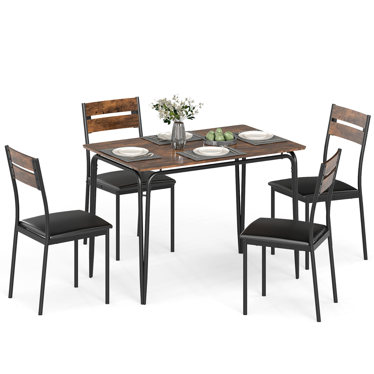 5-Piece Dining Table Set with 4 Chairs - Rustic Brown