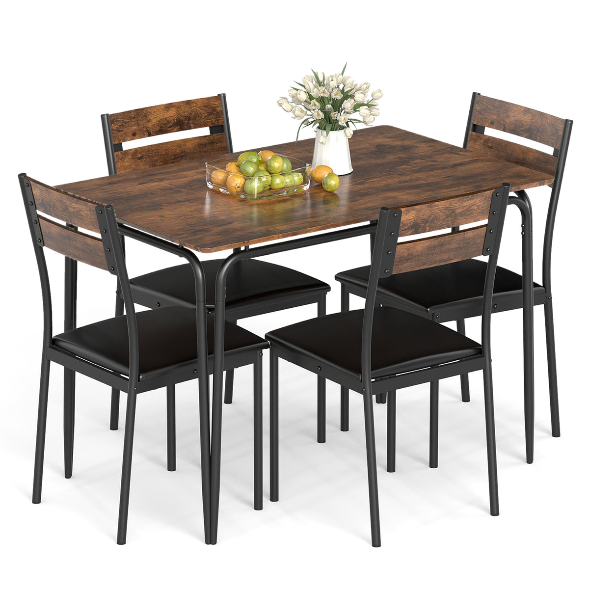 5-Piece Dining Table Set with 4 Chairs - Rustic Brown