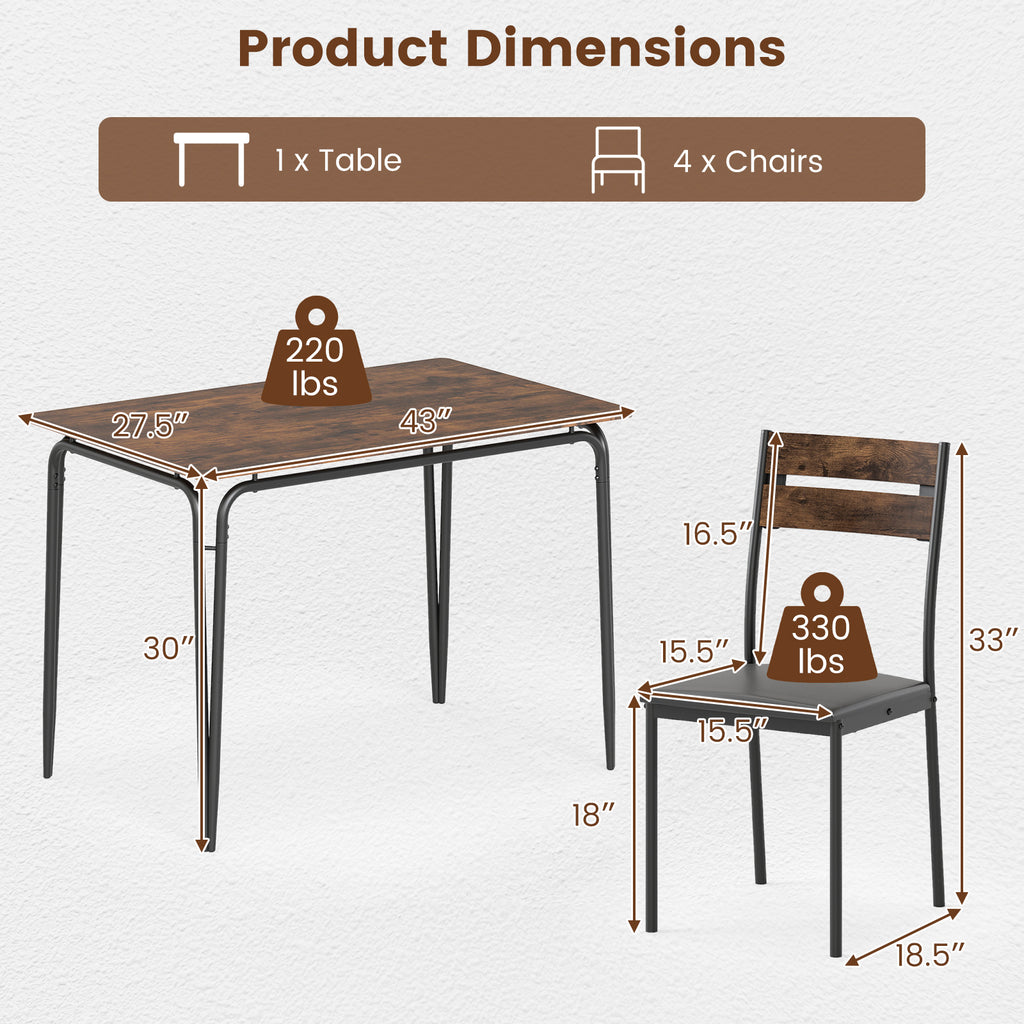5-Piece Dining Table Set with 4 Chairs - Rustic Brown