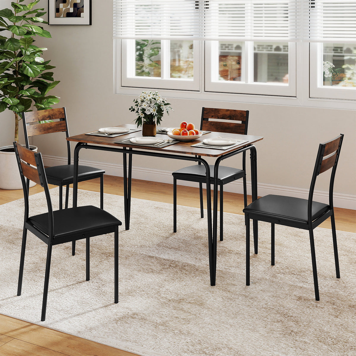5-Piece Dining Table Set with 4 Chairs - Rustic Brown