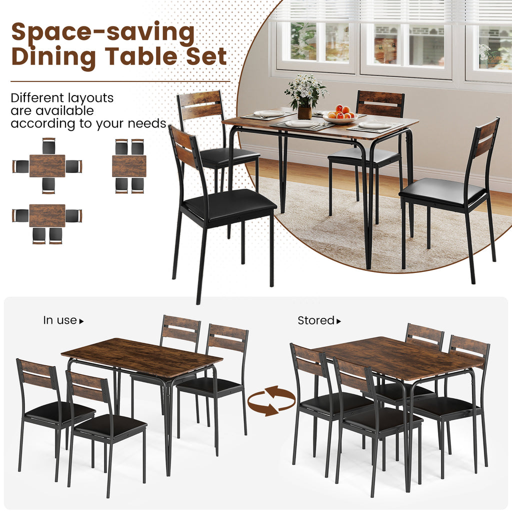 5-Piece Dining Table Set with 4 Chairs - Rustic Brown