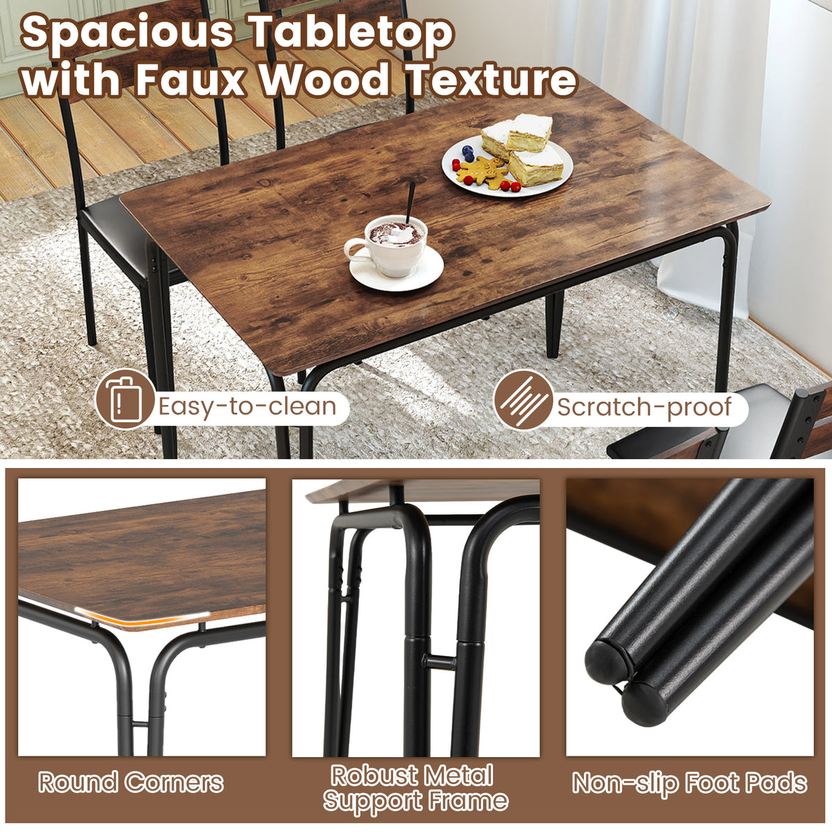 5-Piece Dining Table Set with 4 Chairs - Rustic Brown