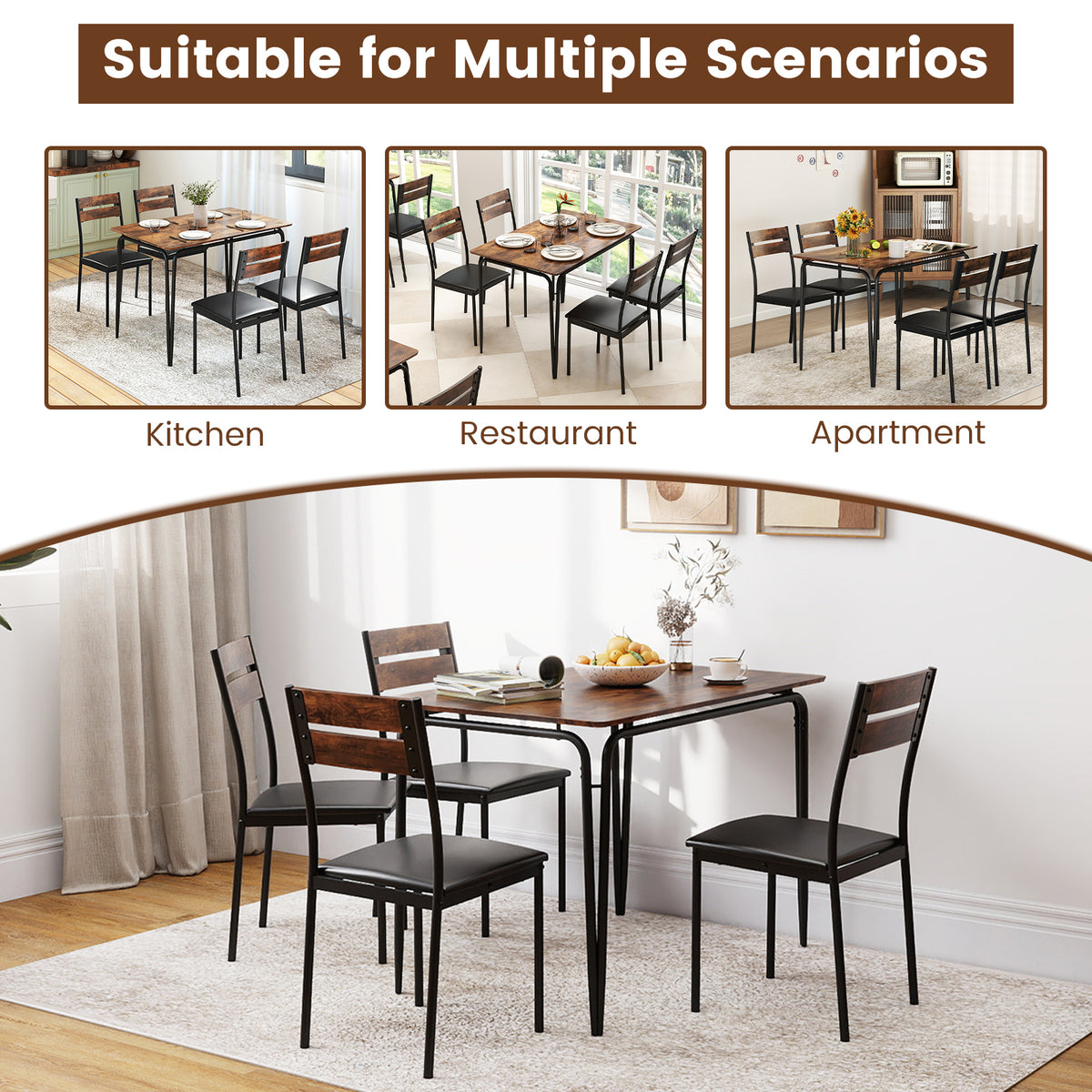 5-Piece Dining Table Set with 4 Chairs - Rustic Brown