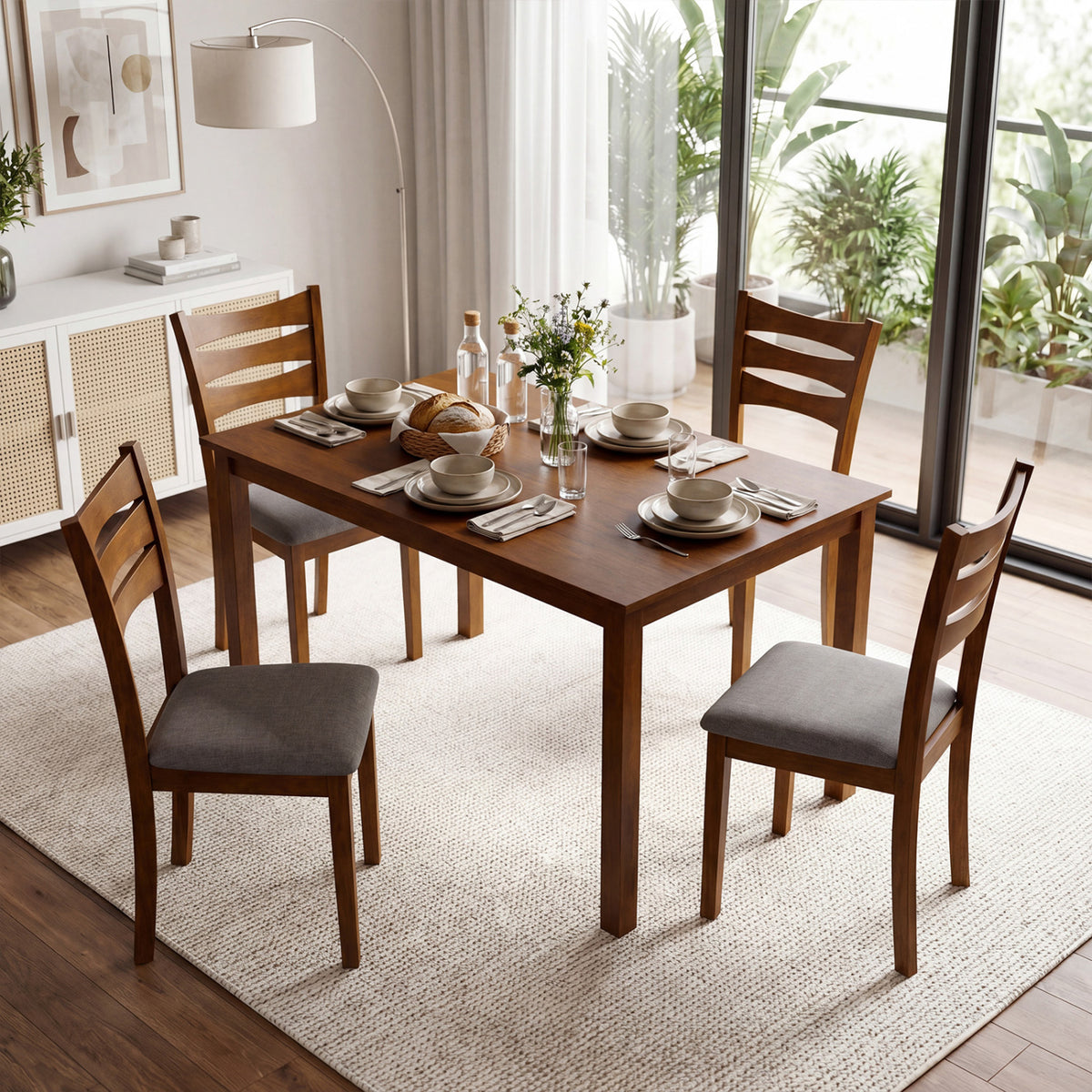 5-Piece Dining Table Set with Linen Fabric Chairs, Light Brown