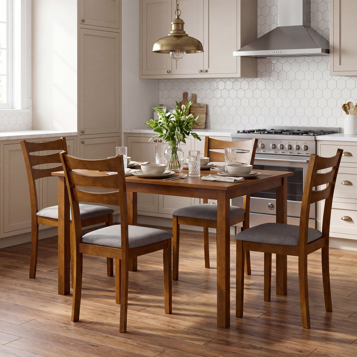 5-Piece Dining Table Set with Linen Fabric Chairs, Light Brown