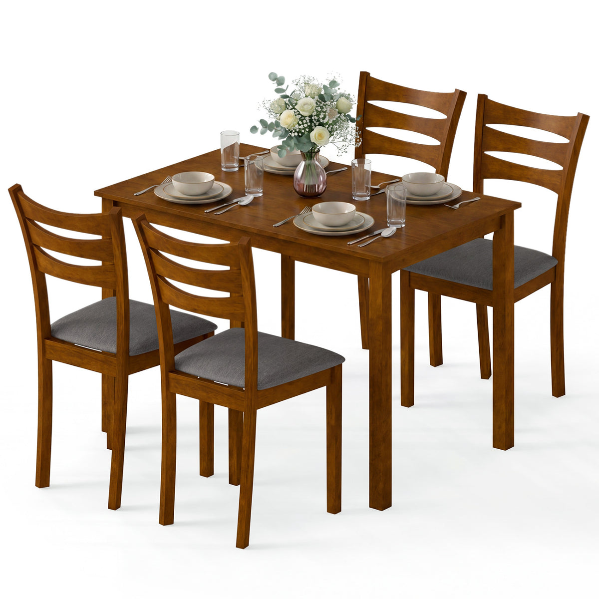 5-Piece Dining Table Set with Linen Fabric Chairs, Light Brown