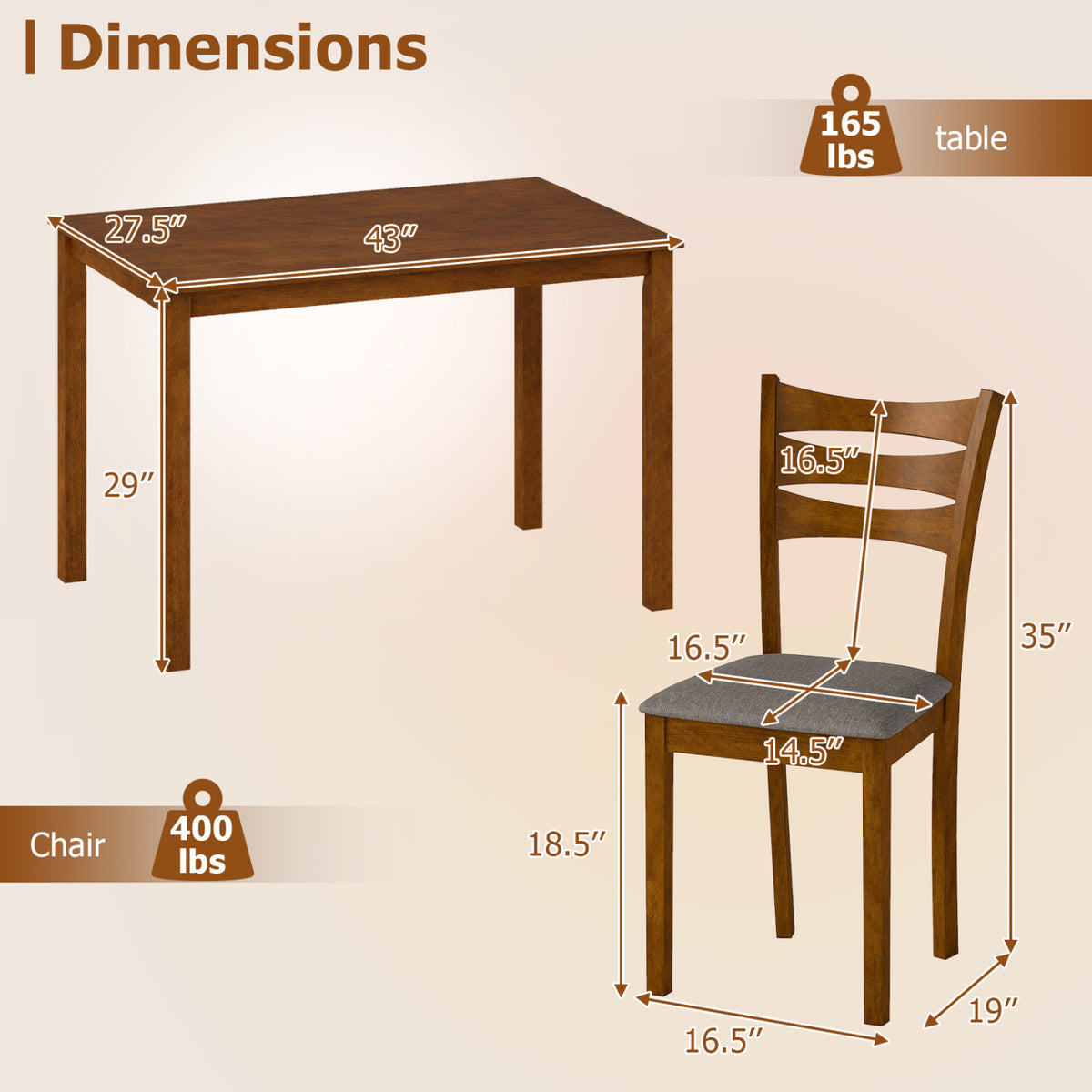 5-Piece Dining Table Set with Linen Fabric Chairs, Light Brown