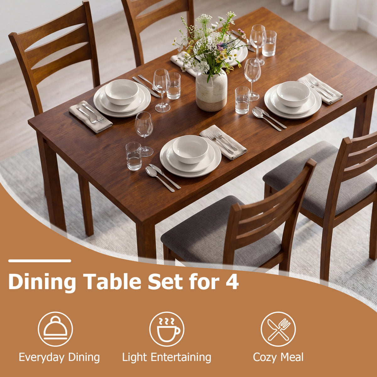 5-Piece Dining Table Set with Linen Fabric Chairs, Light Brown