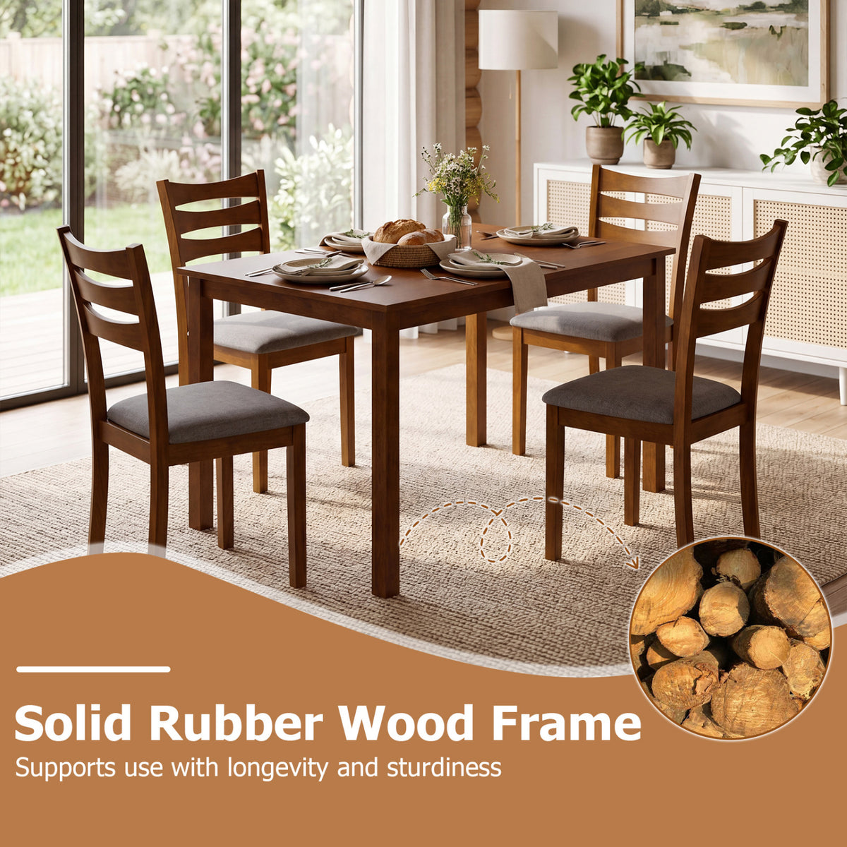 5-Piece Dining Table Set with Linen Fabric Chairs, Light Brown