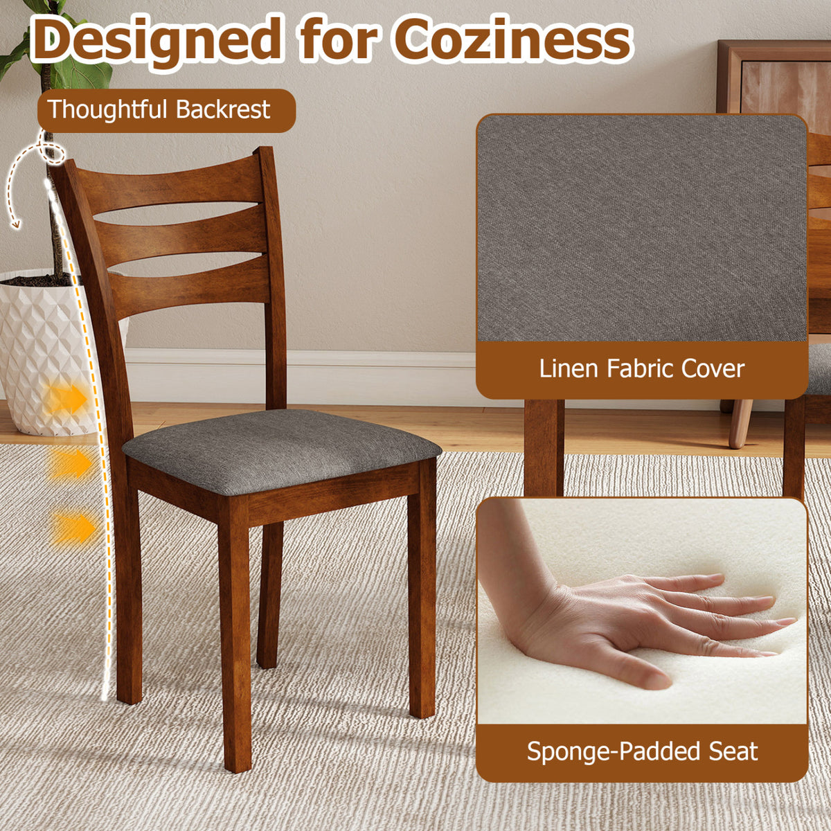 5-Piece Dining Table Set with Linen Fabric Chairs, Light Brown
