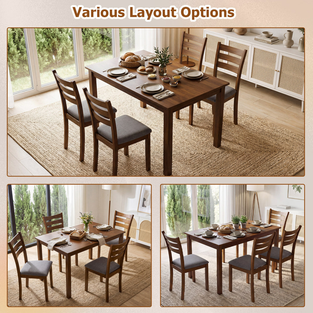 5-Piece Dining Table Set with Linen Fabric Chairs, Light Brown