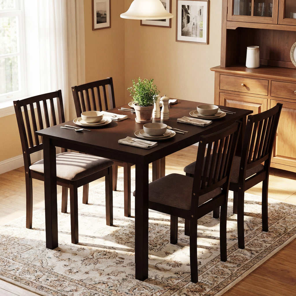 5-Piece Dining Table Set - Dark Brown with Slatted Backrest