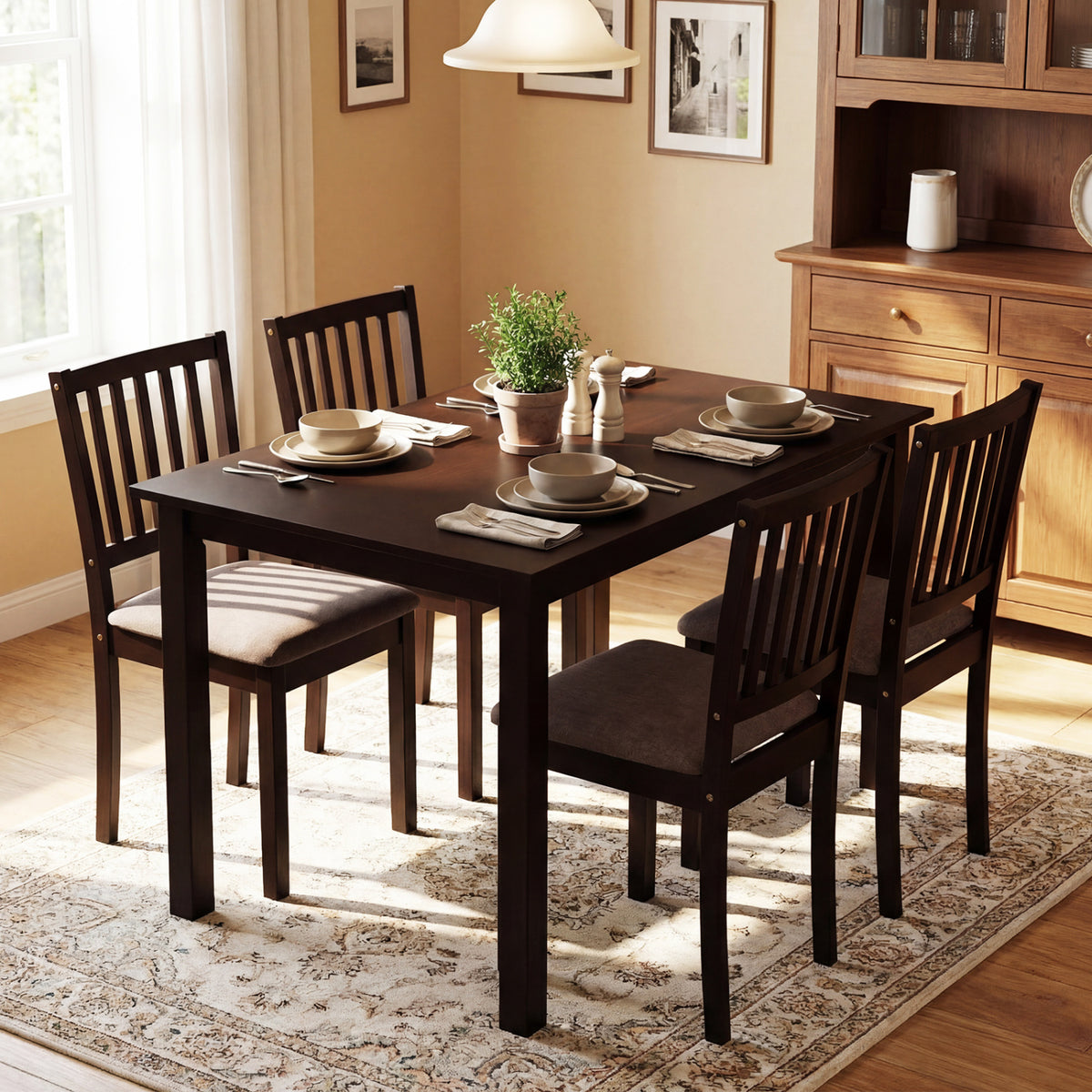 5-Piece Dining Table Set - Dark Brown with Slatted Backrest