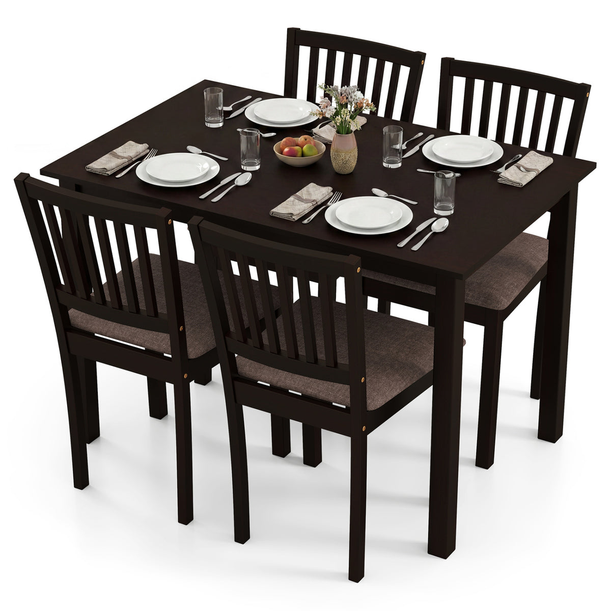 5-Piece Dining Table Set - Dark Brown with Slatted Backrest