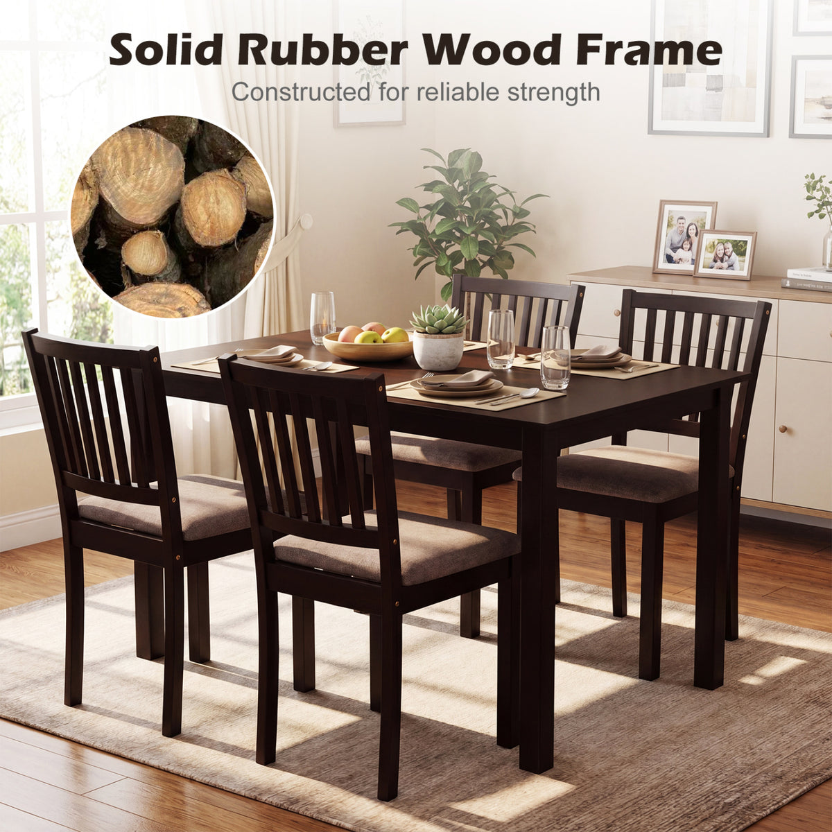 5-Piece Dining Table Set - Dark Brown with Slatted Backrest