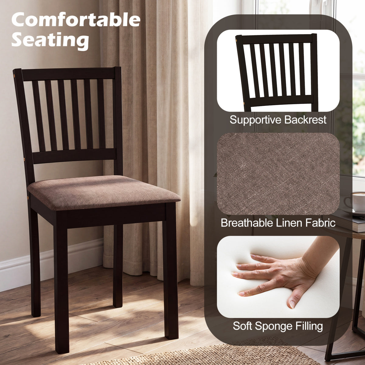 5-Piece Dining Table Set - Dark Brown with Slatted Backrest