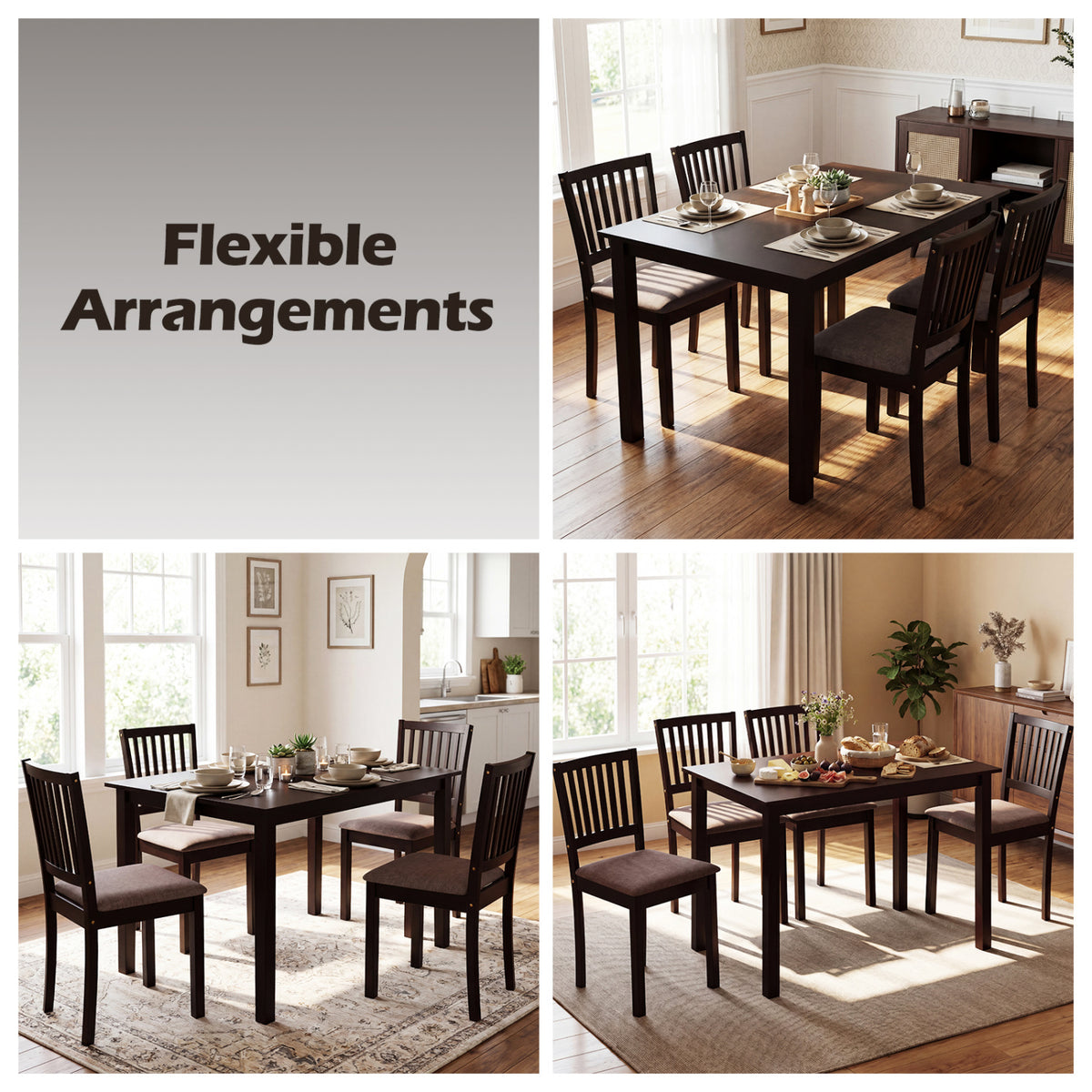 5-Piece Dining Table Set - Dark Brown with Slatted Backrest
