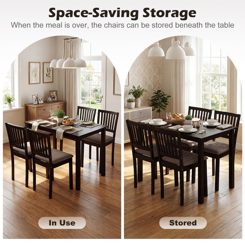 5-Piece Dining Table Set - Dark Brown with Slatted Backrest
