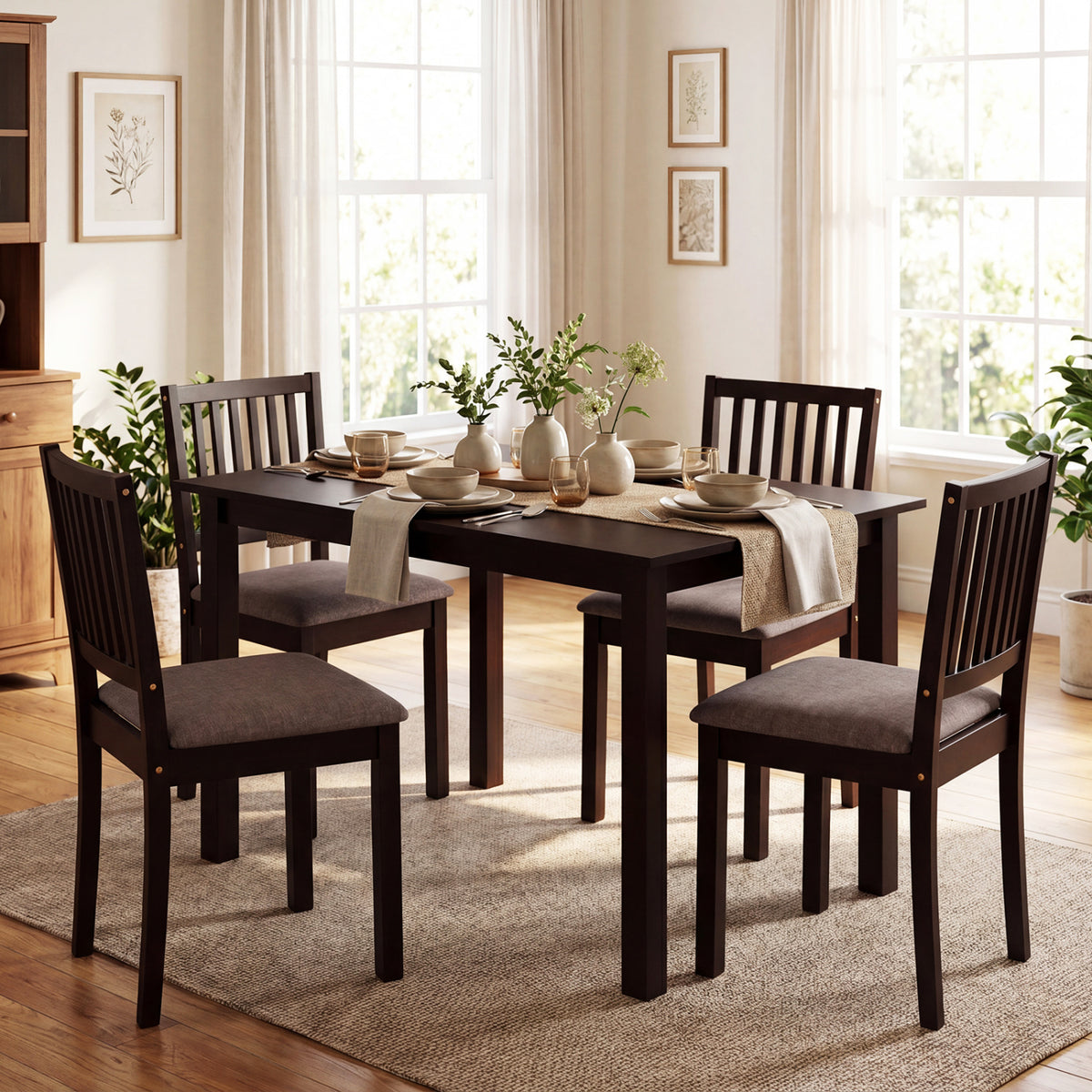 5-Piece Dining Table Set - Dark Brown with Slatted Backrest