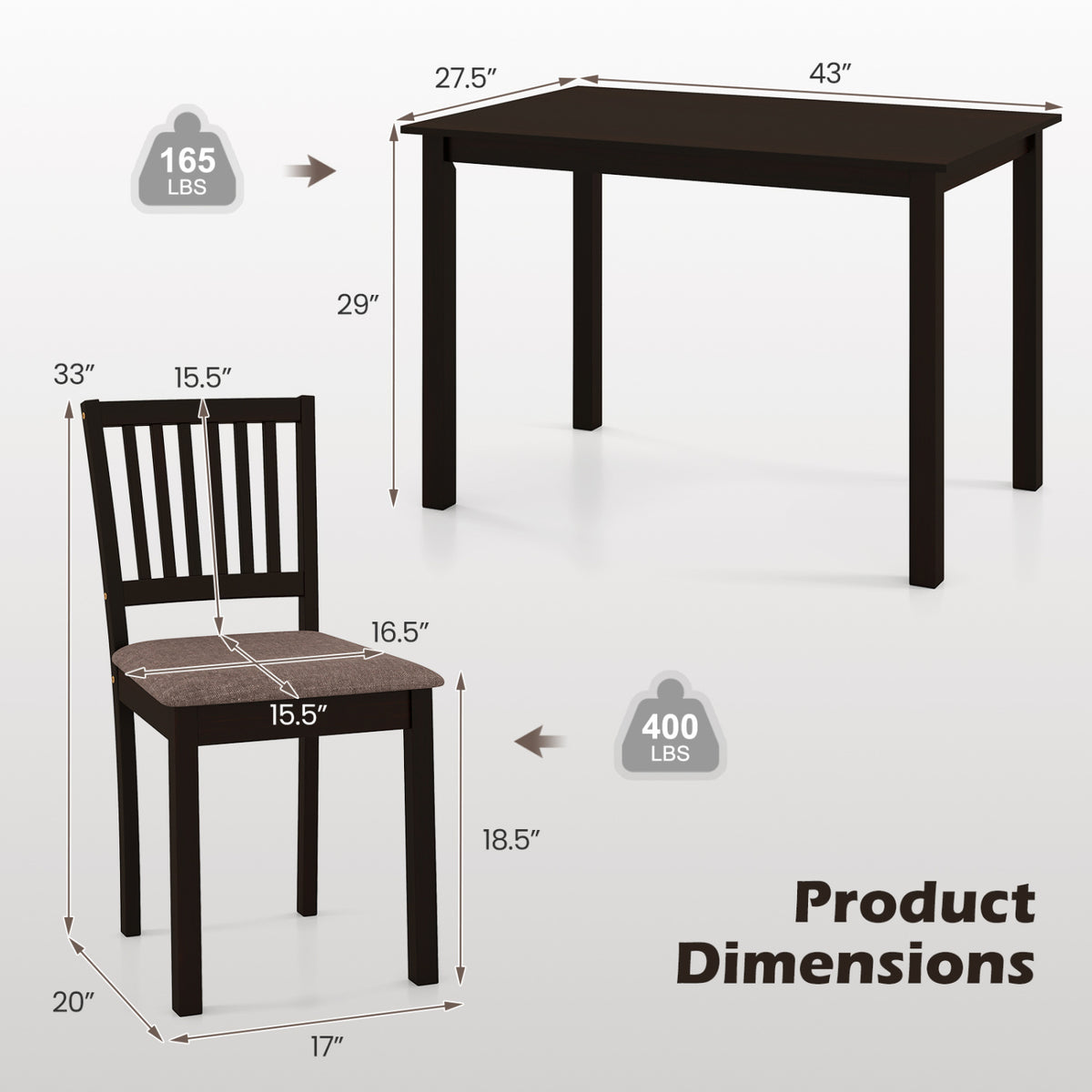 5-Piece Dining Table Set - Dark Brown with Slatted Backrest