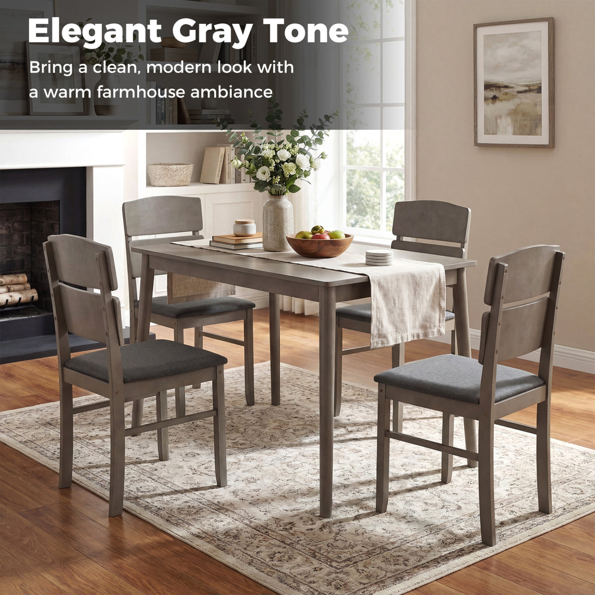 5-Piece Dining Table Set with 4 Chairs - Gray