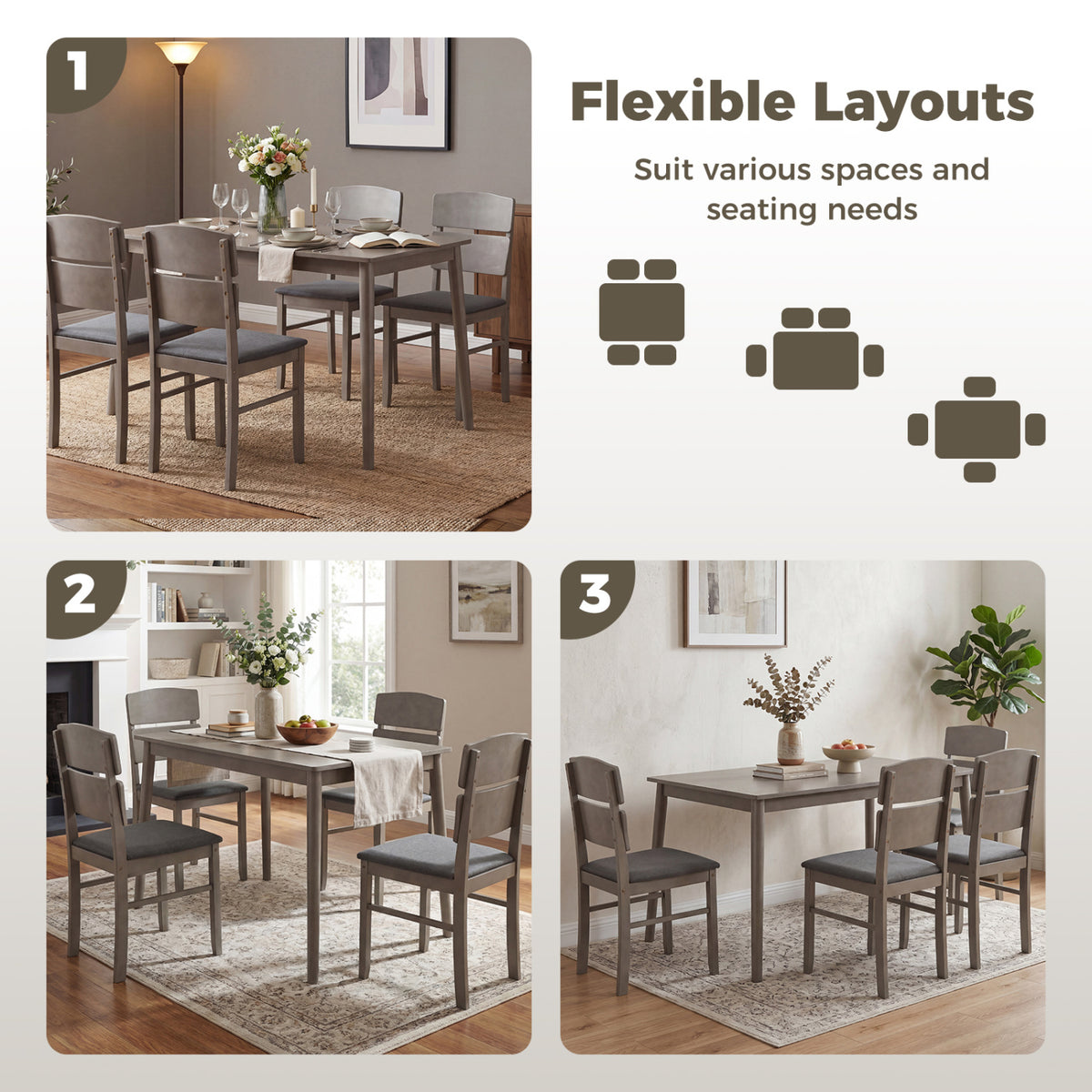 5-Piece Dining Table Set with 4 Chairs - Gray