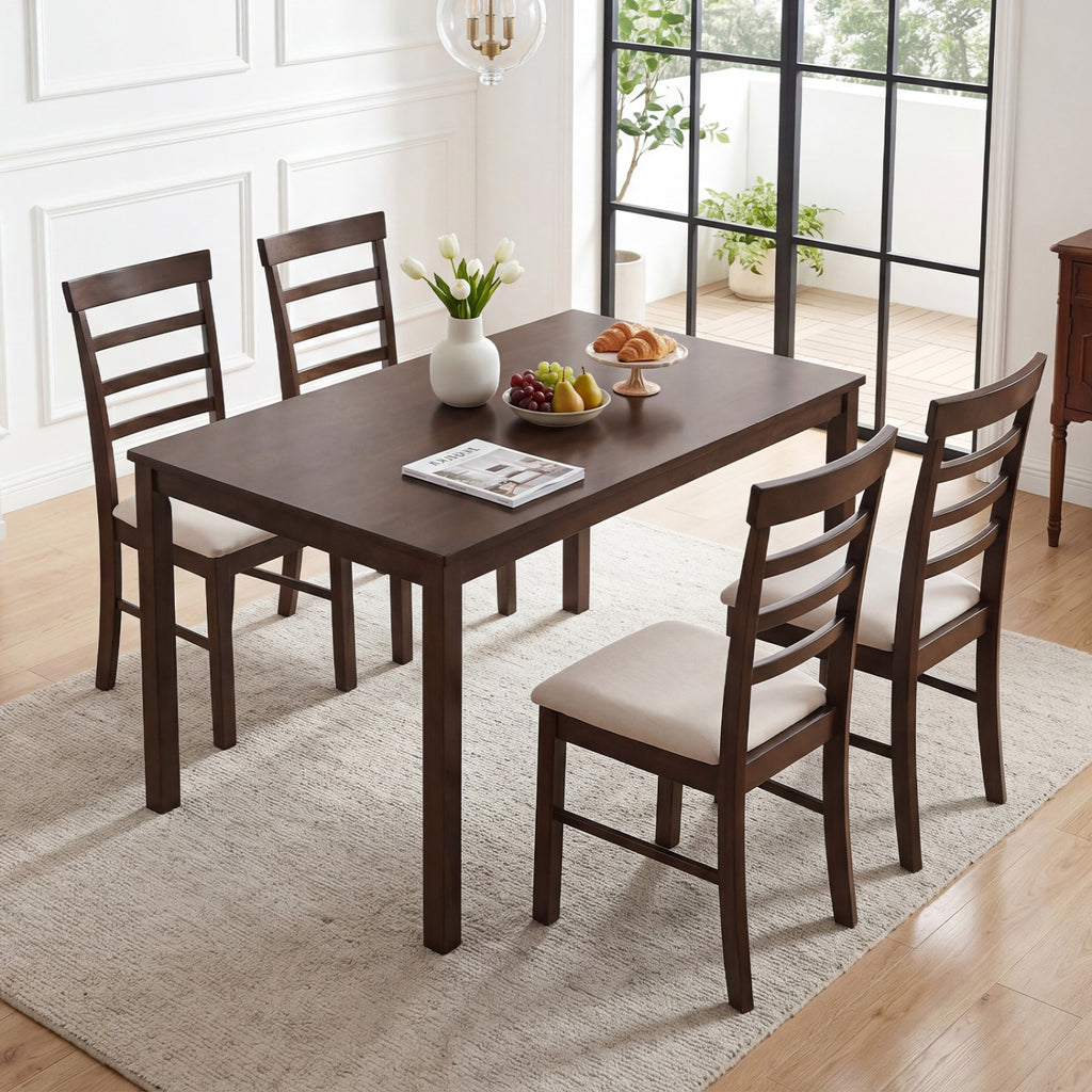 5-Piece Dining Table Set for 4 with Upholstered Chairs, Brown