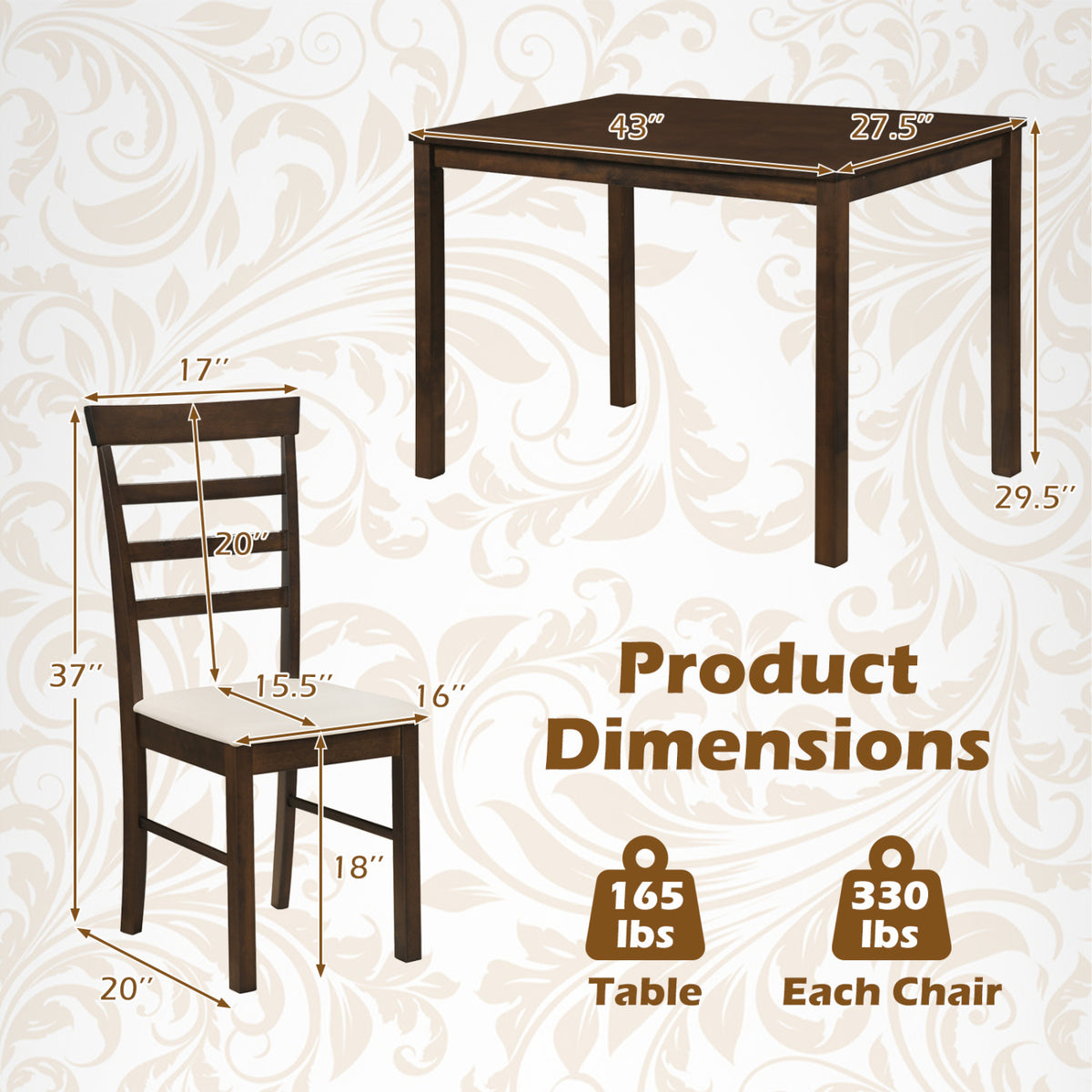 5-Piece Dining Table Set for 4 with Upholstered Chairs, Brown