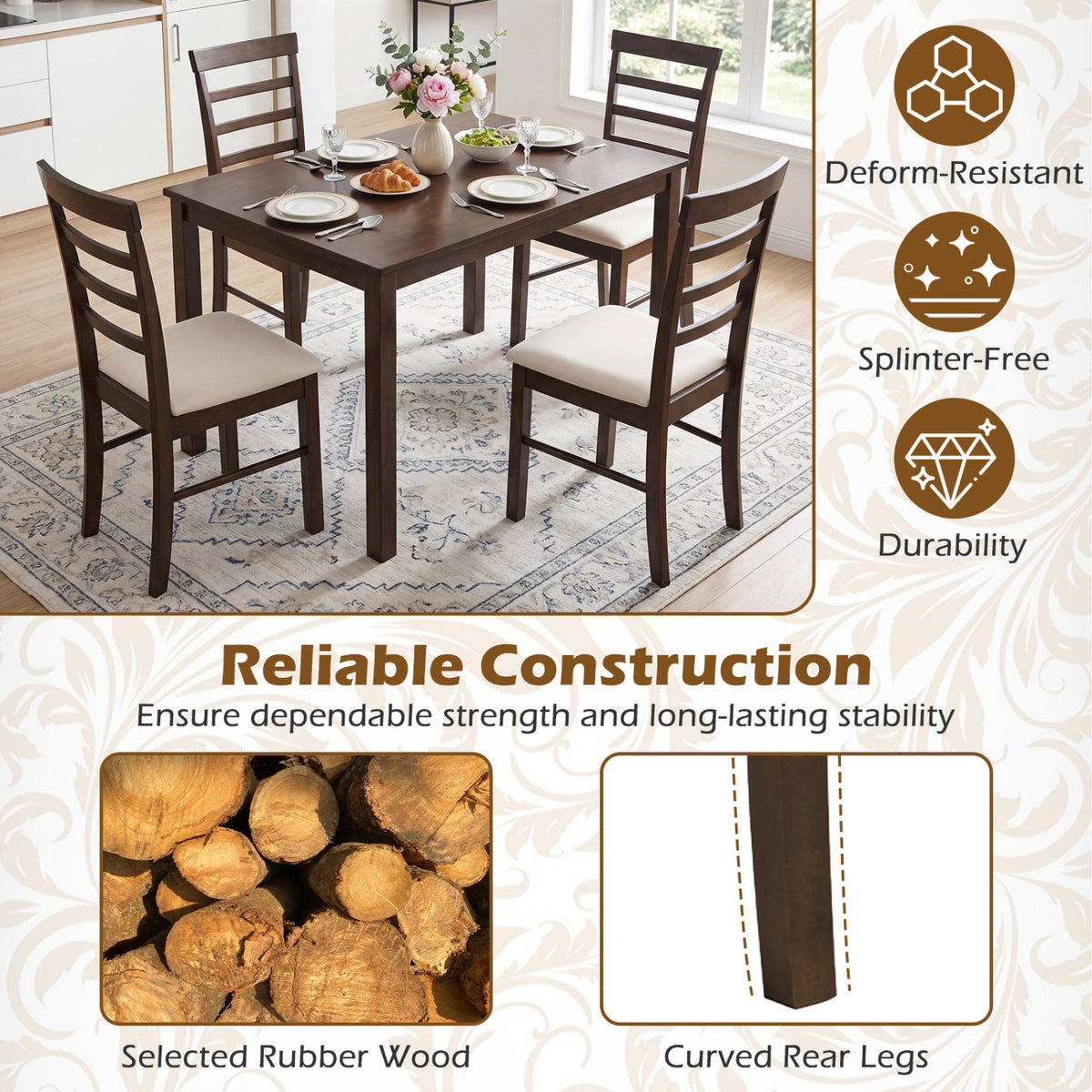 5-Piece Dining Table Set for 4 with Upholstered Chairs, Brown