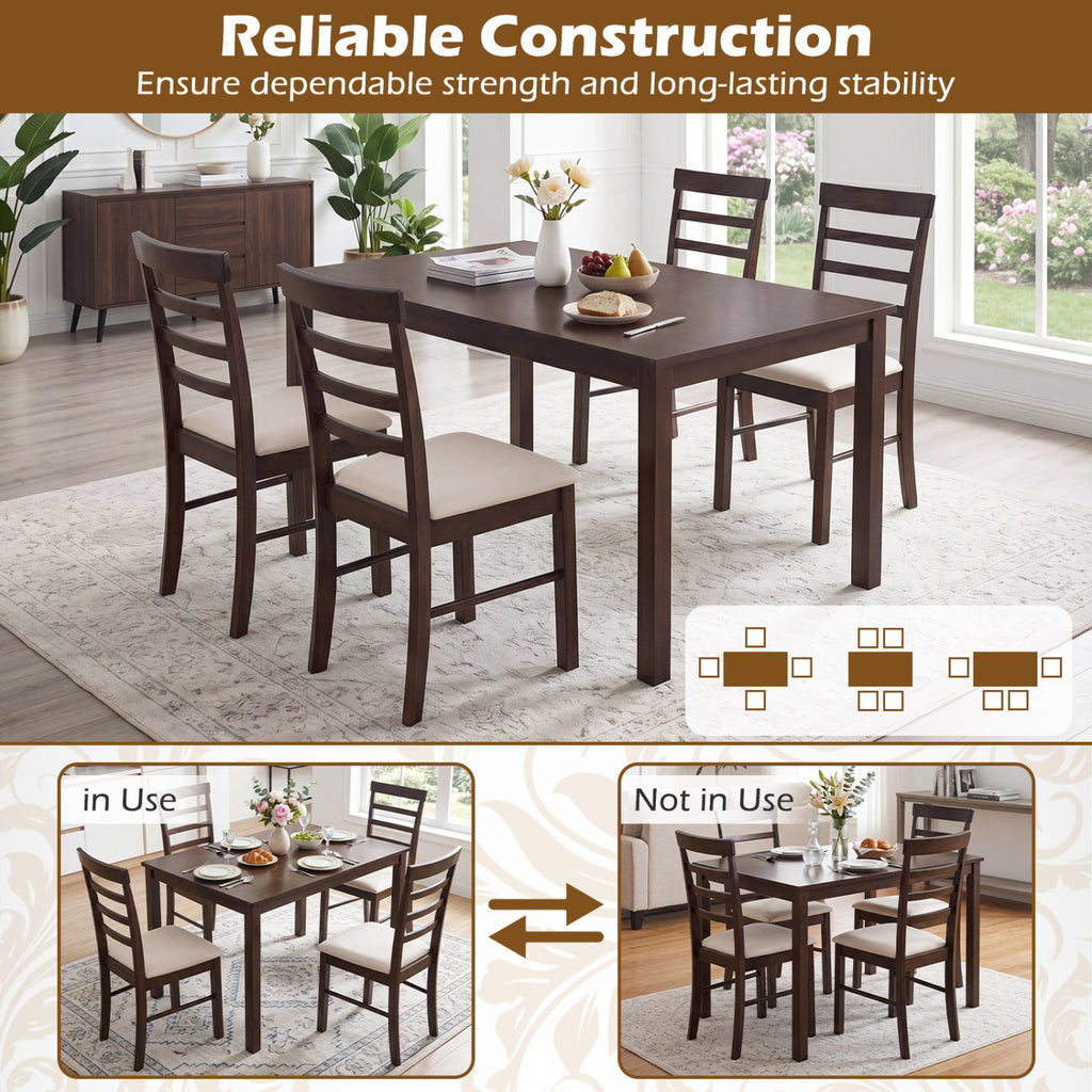 5-Piece Dining Table Set for 4 with Upholstered Chairs, Brown