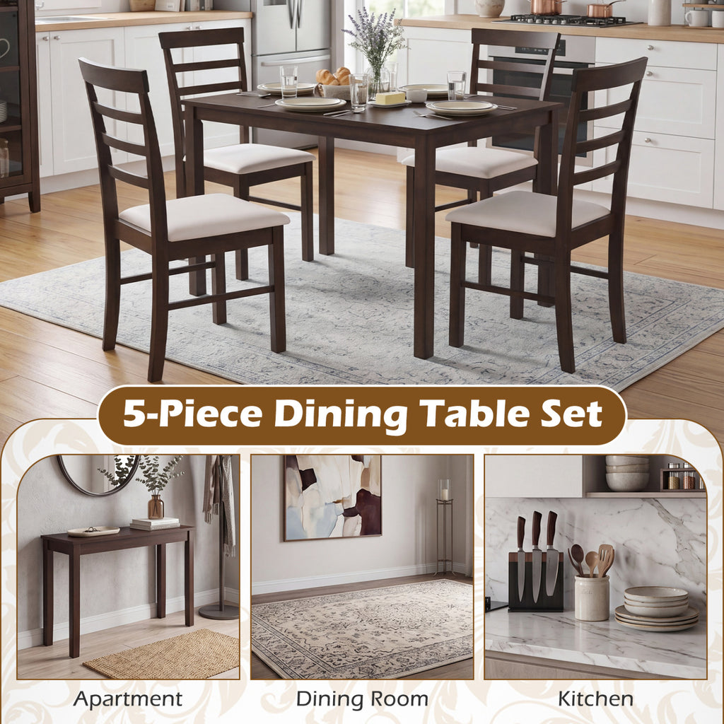 5-Piece Dining Table Set for 4 with Upholstered Chairs, Brown