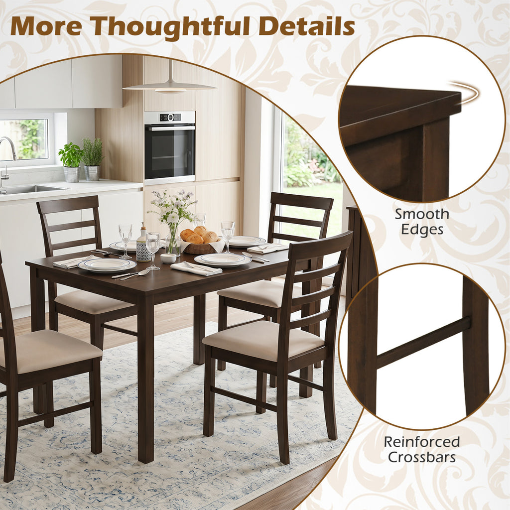 5-Piece Dining Table Set for 4 with Upholstered Chairs, Brown