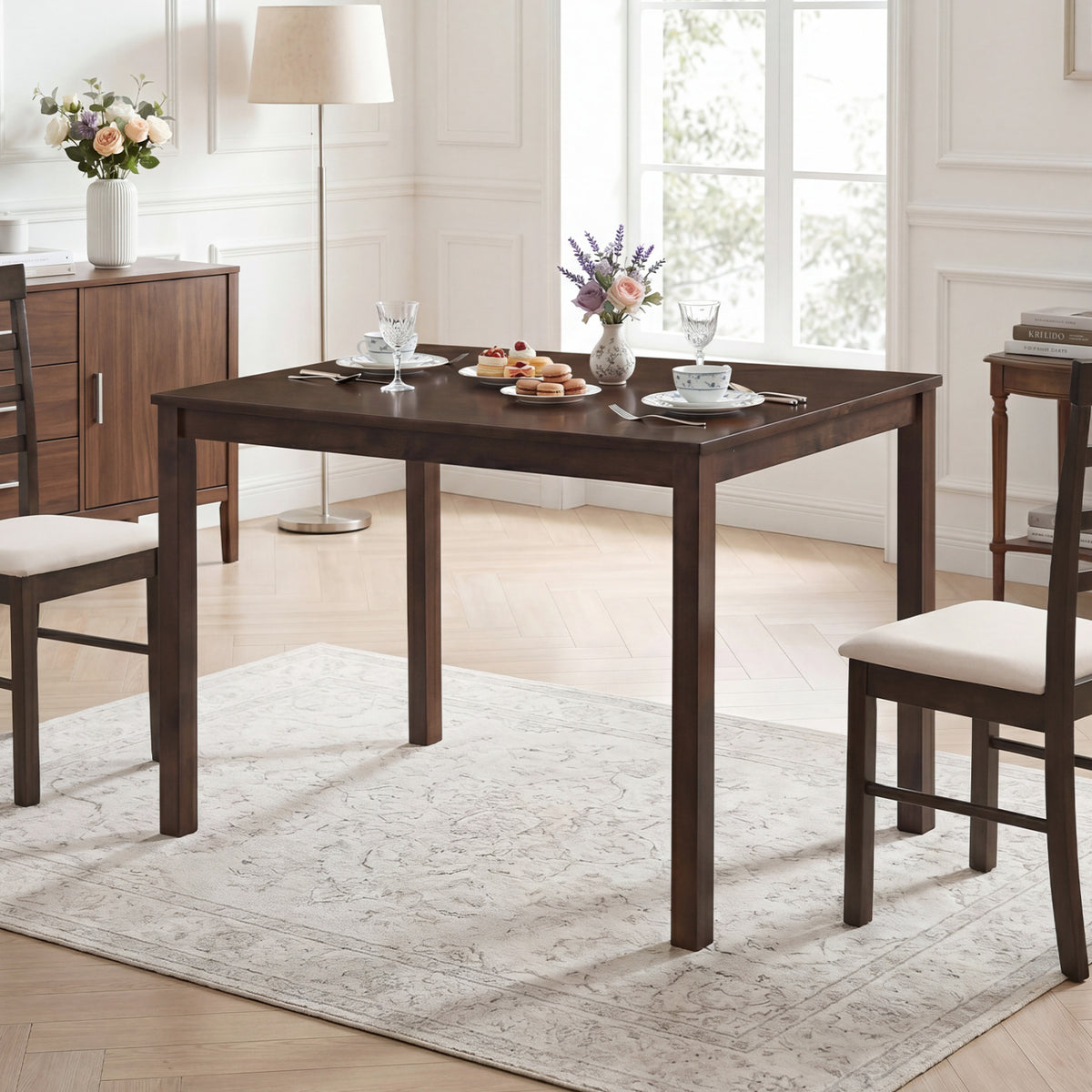 Farmhouse Kitchen Table for 4, Brown - Rubber Wood Dining Table