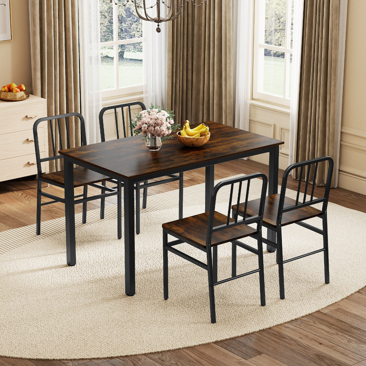 Dining Chairs Set of 4, Metal Frame & Wood Seat, Rustic Brown