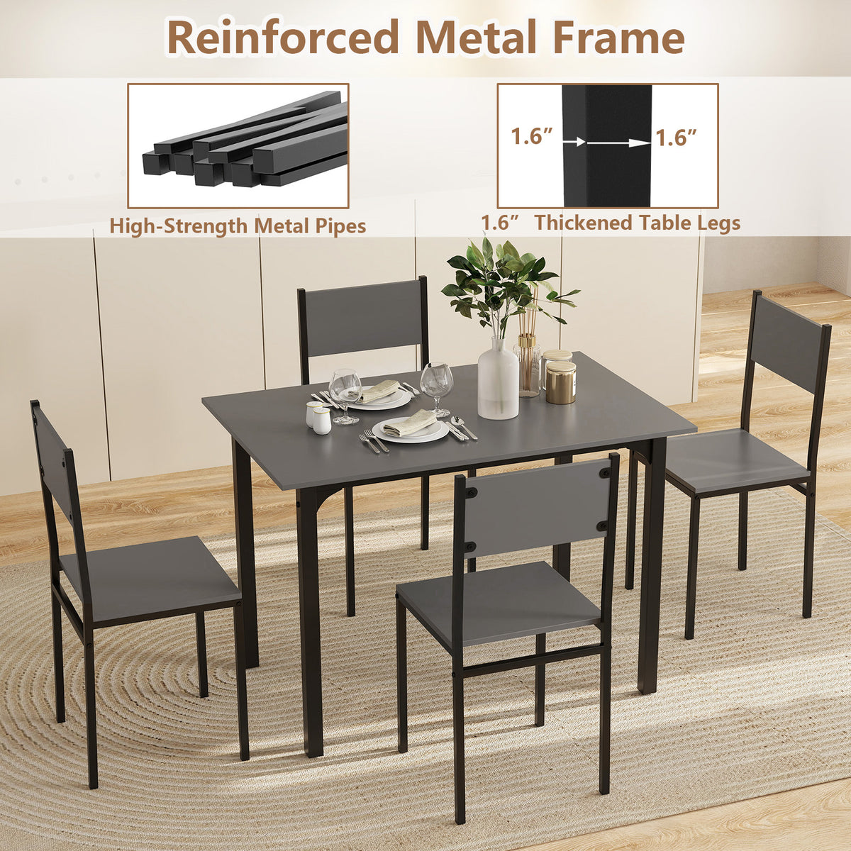 5-Piece Dining Table Set Industrial Style - Gray