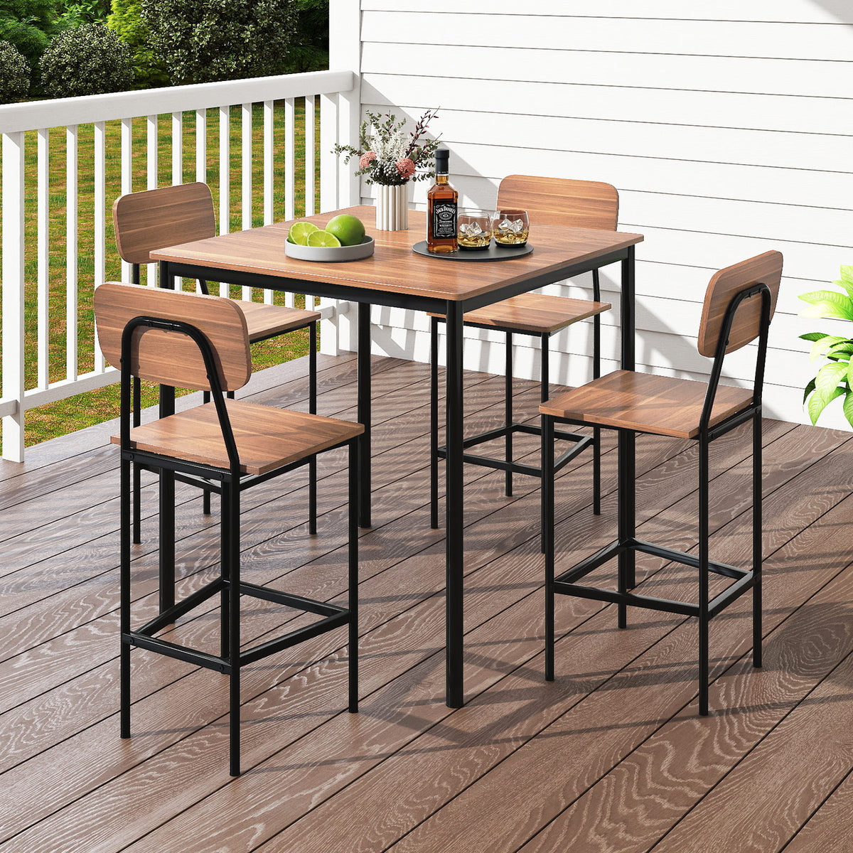 Industrial Dining Table Set with 4 Counter Stools – Teak