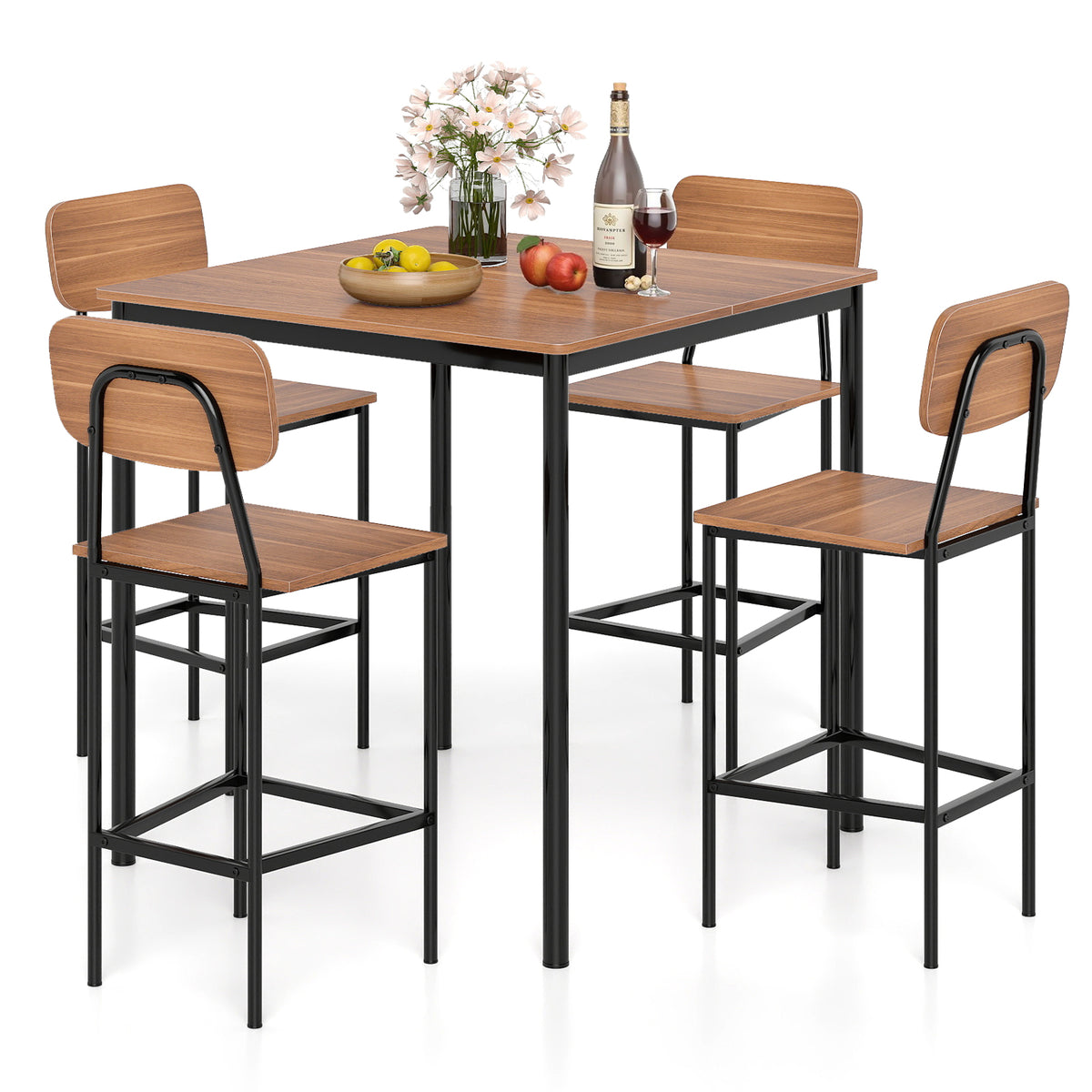 Industrial Dining Table Set with 4 Counter Stools – Teak