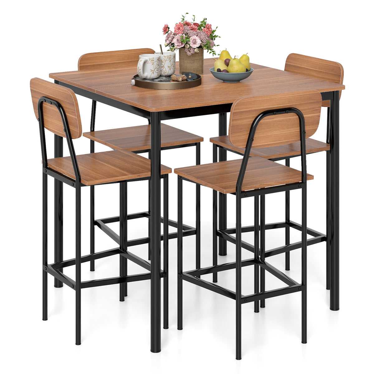 Industrial Dining Table Set with 4 Counter Stools – Teak