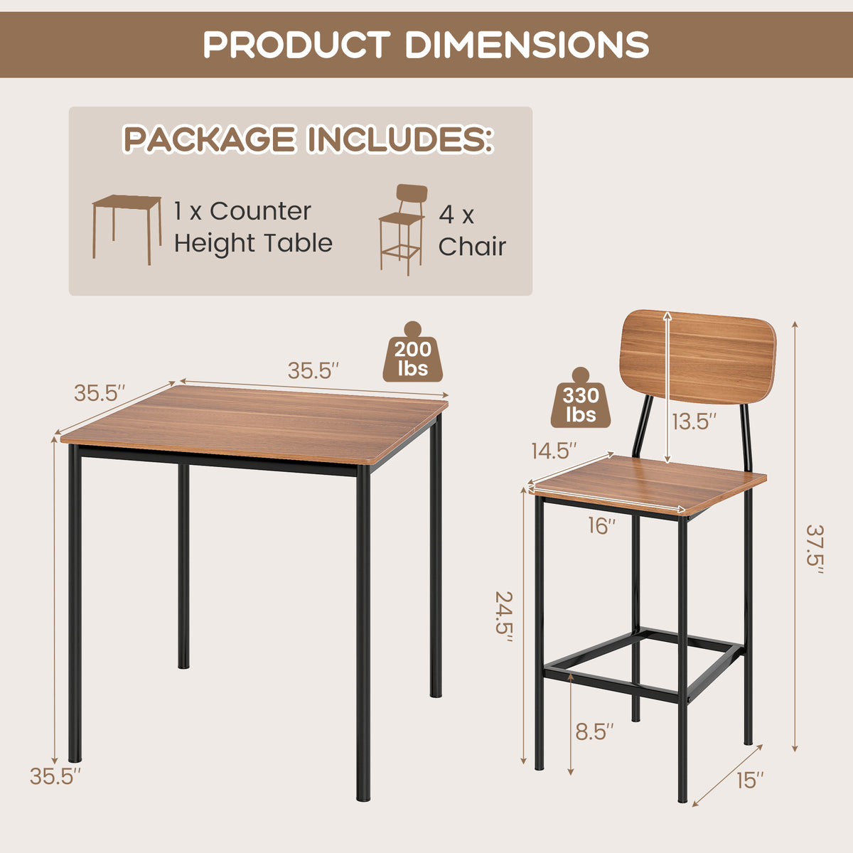 Industrial Dining Table Set with 4 Counter Stools – Teak