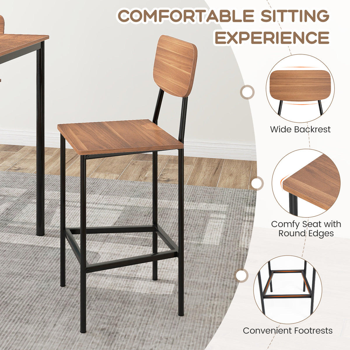 Industrial Dining Table Set with 4 Counter Stools – Teak