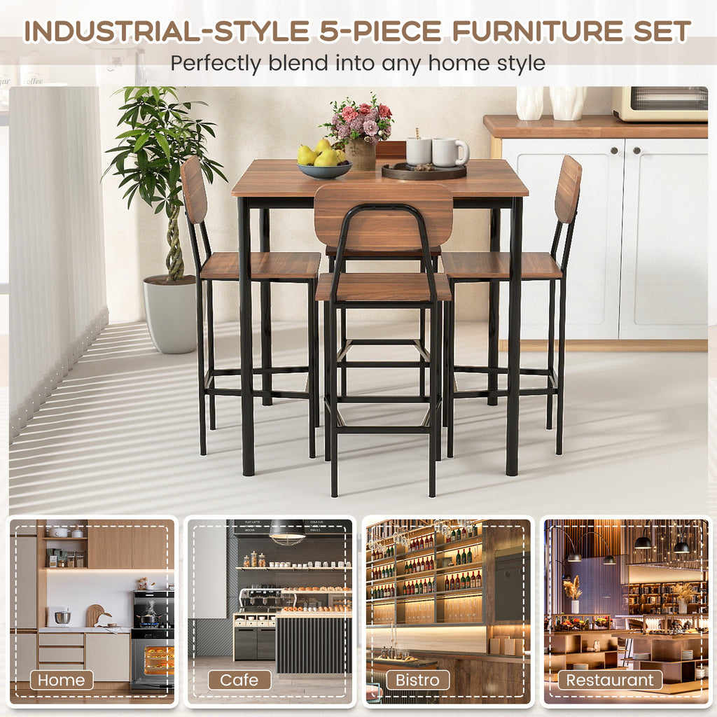 Industrial Dining Table Set with 4 Counter Stools – Teak