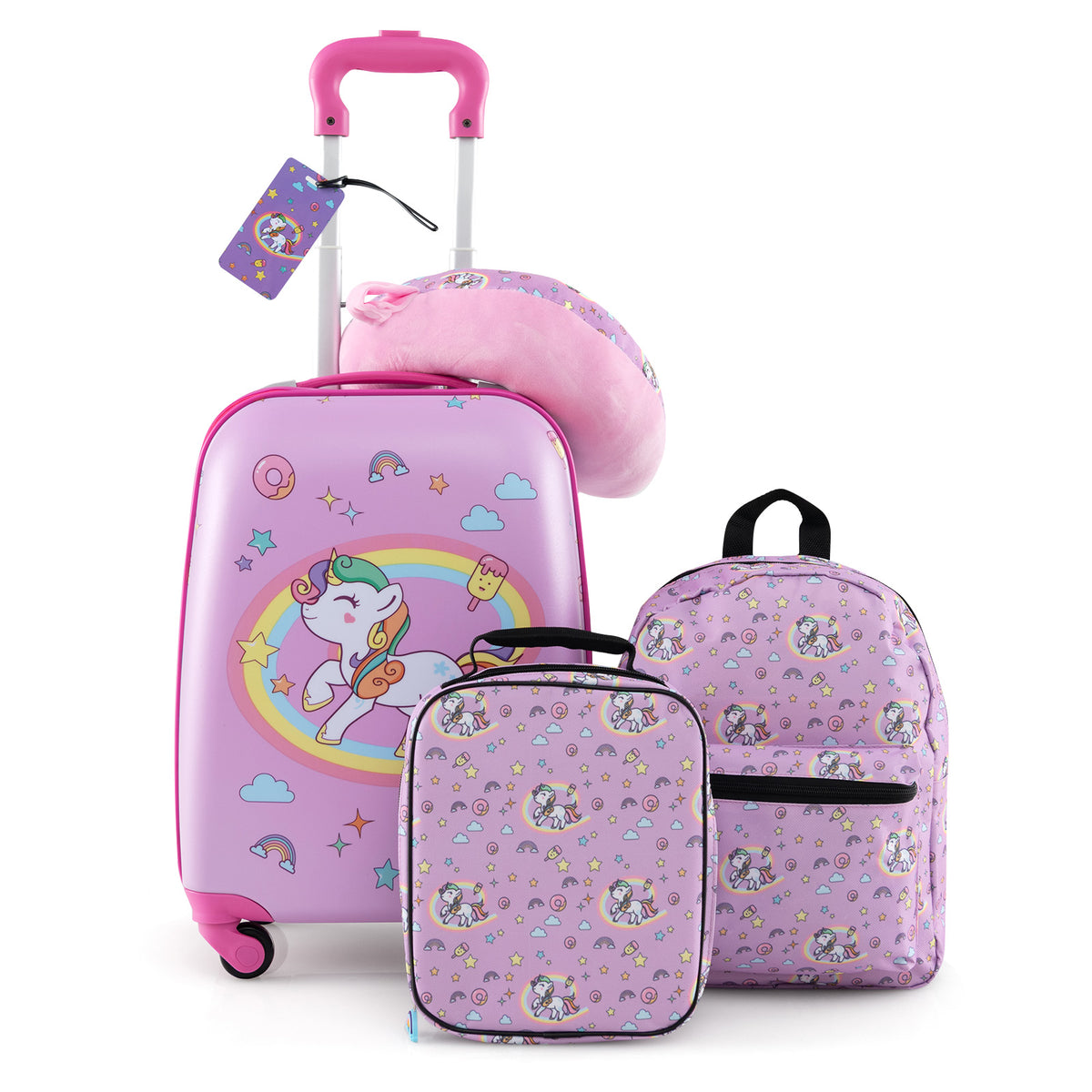 Kids Luggage Set with Backpack Lunch Bag & Neck Pillow - Hot Pink