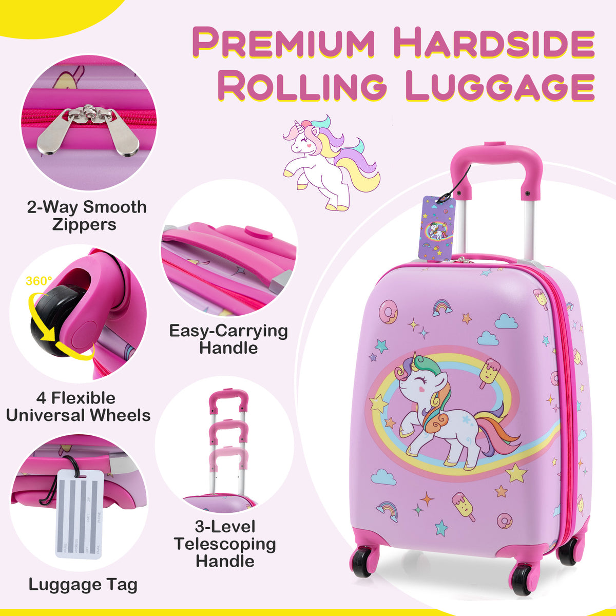 Kids Luggage Set with Backpack Lunch Bag & Neck Pillow - Hot Pink