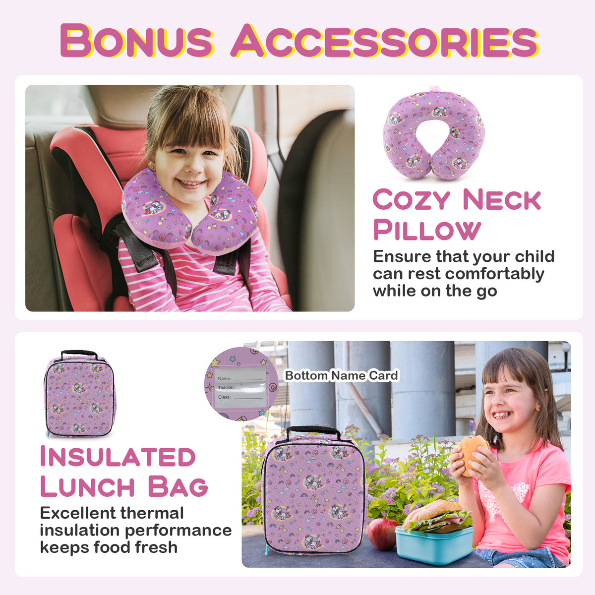 Kids Luggage Set with Backpack Lunch Bag & Neck Pillow - Hot Pink