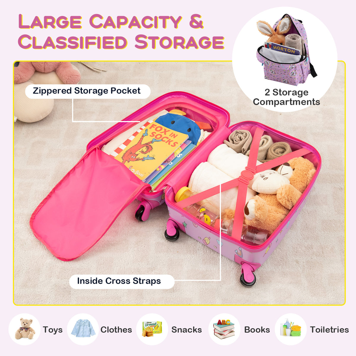 Kids Luggage Set with Backpack Lunch Bag & Neck Pillow - Hot Pink