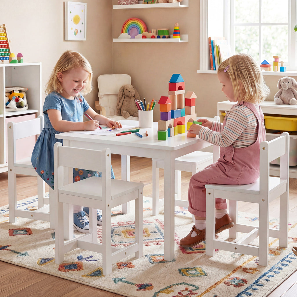 Kids Table and Chairs Set - Solid Rubber Wood, White, 5-Piece Toddler Activity Furniture