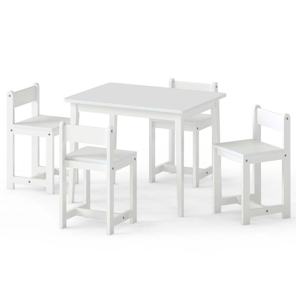 Kids Table and Chairs Set - Solid Rubber Wood, White, 5-Piece Toddler Activity Furniture