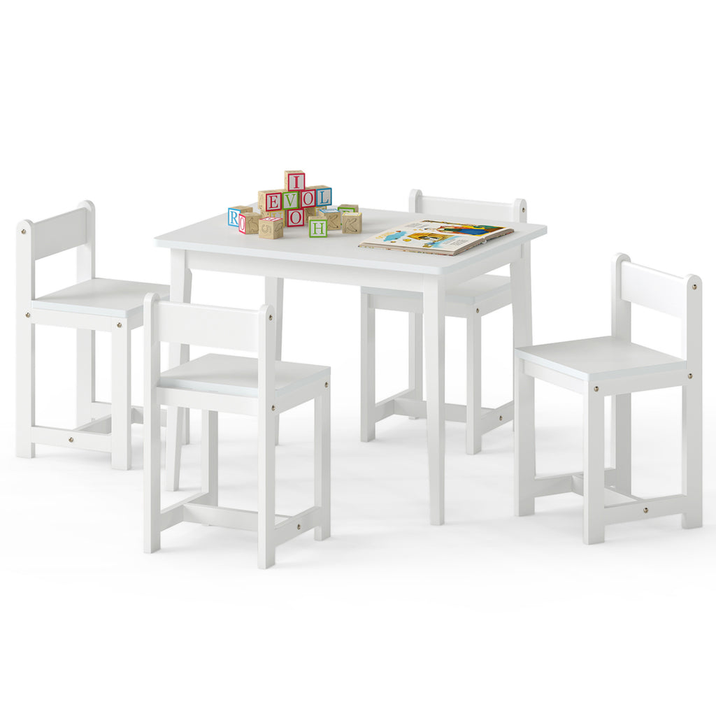 Kids Table and Chairs Set - Solid Rubber Wood, White, 5-Piece Toddler Activity Furniture