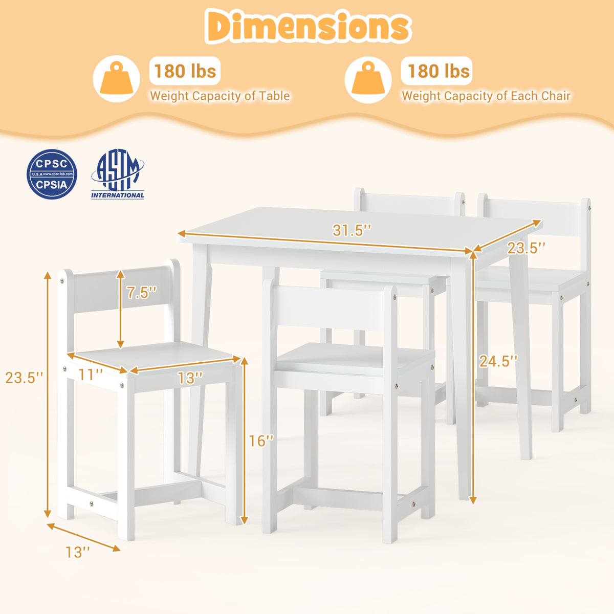 Kids Table and Chairs Set - Solid Rubber Wood, White, 5-Piece Toddler Activity Furniture