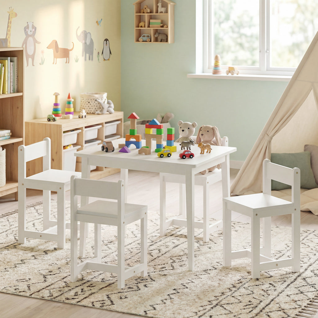 Kids Table and Chairs Set - Solid Rubber Wood, White, 5-Piece Toddler Activity Furniture